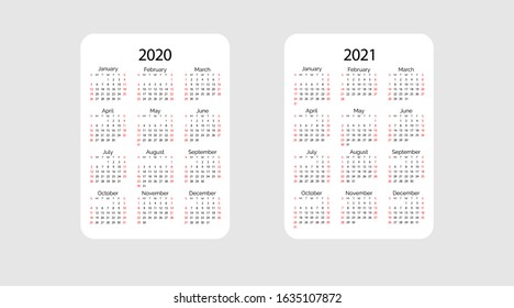 Pocket vector calendar 2020 and 2021 year. Minimal business simple clean design. English grid, week starts from sunday. 