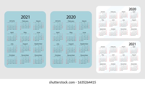 Pocket vector calendar 2020 and 2021 year. Vertical and gorizontal calenders. Minimal business simple clean design. English grid, week starts from sunday. 