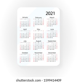 Pocket vector calendar 2021 year. Minimal business simple clean design. English grid, week starts from sunday. 