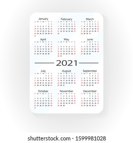 Pocket vector calendar 2021 year. Text centered. Minimal business simple clean design. English grid, week starts from sunday.