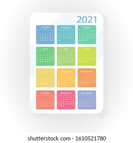 Pocket vector calendar 2021 year. Minimal business simple clean design multi colored months. English grid, week starts from sunday. 