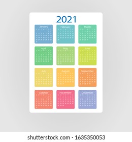 Pocket vector calendar 2021 year. Minimal business simple clean design multi colored months. English grid, week starts from sunday. 
