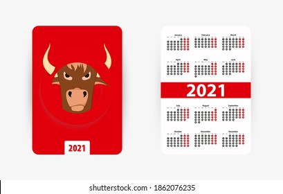 Pocket Vertical Calendar for 2021 year. Calendar with Chinese Zodiac Symbol of the Year – Ox. Vector illustration.