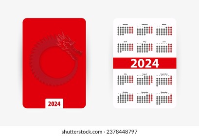 Pocket Vertical Calendar for 2024 year. Calendar with Chinese Zodiac Symbol of the Year – Rabbit. Vector illustration.