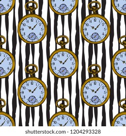 Pocket Vintage Clock vector Sketch Illustration Seamless Pattern