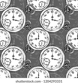 Pocket Vintage Clock vector Sketch Illustration Seamless Pattern