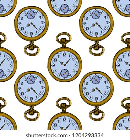 Pocket Vintage Clock vector Sketch Illustration Seamless Pattern