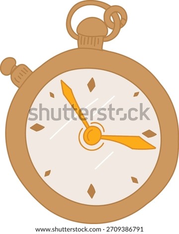 Pocket watch with bold outlines, large dial, ornate crown, and reflective highlights in flat shading. Antique timepiece with rotor knob, clean face, smooth contour. Cartoon vector illustration