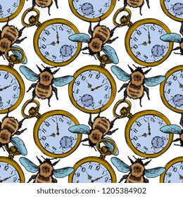 Pocket Watch And Bumblebee Vector Sketch Seamless Pattern
