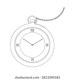 Pocket Watch With Chain Line Art Illustration On White Background