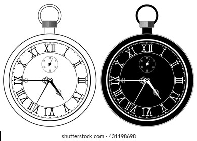 Pocket Watch. Clock Face With Roman Numerals. Vector Illustration Isolated On White Background