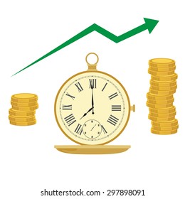 Pocket watch and coins. Time management. Clock money. Time is money. Money concept. Green arrow up.