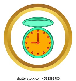 Pocket watch with cover vector icon in golden circle, cartoon style isolated on white background