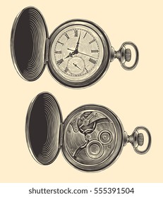 Pocket watch. Design set. Hand drawn engraving. Vector vintage illustration. Isolated on color background. 8 EPS