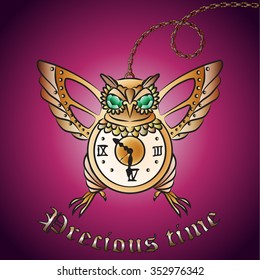 Pocket watch in the form of an owl. Steampunk. Precious time.