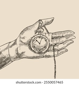 Reloj de bolsillo en la mano, ilustración de estilo de grabado