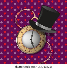 Reloj de bolsillo y sombrero.  Tarjetas de juego