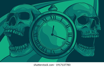 pocket watch and human skulls  illustration line art 