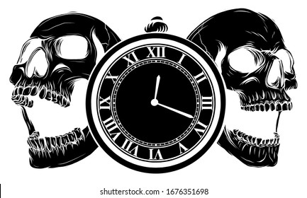 pocket watch and human skull Time   death concept  illustration line art 