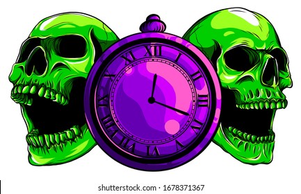 pocket watch and human skull Time   death concept  illustration line art 