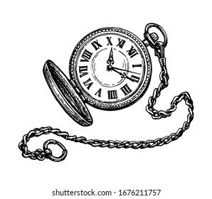 Pocket watch. Ink sketch isolated on white background. Hand drawn vector illustration. Retro style.