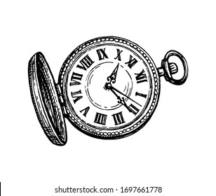 Reloj de bolsillo. Esbozo de tinta aislado en fondo blanco. Ilustración vectorial dibujada a mano. Estilo retro.