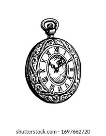 Pocket watch. Ink sketch isolated on white background. Hand drawn vector illustration. Retro style.