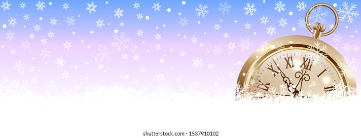 Pocket watch on a background of snowflakes. Winter background with a clock and snowflakes. Greeting card for Christmas and New Year.