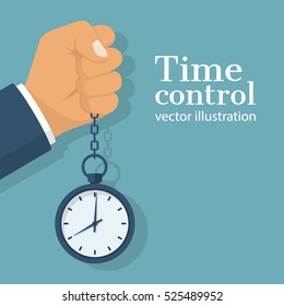 Pocket watch on chain in the hands of men. Time Manager, control. Vector illustration flat design. Isolated on background. Vintage classic clock. Organization of process.