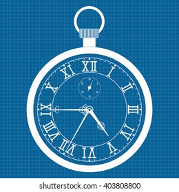Pocket watch. Outline icon. Vector illustration on blueprint background
