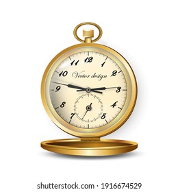 Pocket watch reflective gold-rimmed with lid. For design projects, banners and printed products.