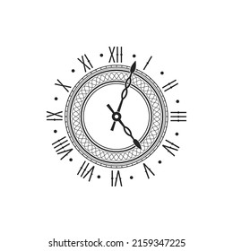 Pocket watch with roman numerals isolated monochrome ornamental dial in black and white. Vector ornate clock hands, time design element. Mechanical clock, ancient watch with rotating mechanism