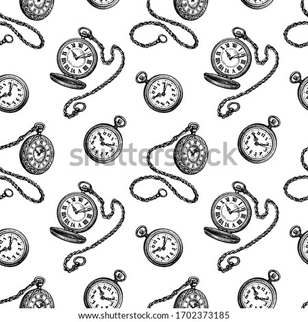 Pocket watch. Seamless pattern. Ink sketches on white background. Hand drawn vector illustration. Retro style.