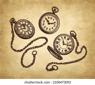 Juego de relojes de bolsillo. Cara de reloj. Esbozo de tinta sobre fondo de papel antiguo. Ilustración vectorial dibujada a mano. Dibujo de trazo de estilo vintage.