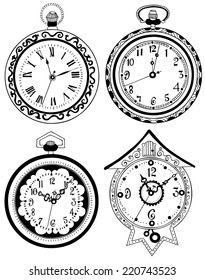 Pocket watch set, the hand drawn illustration with various pocket watches