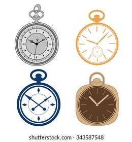 Pocket watch set isolated on white background. Vector illustration.