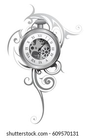 Pocket Watch Tattoo With Abstract Ornament