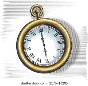 Pocket watch. Vector engraving illustration.