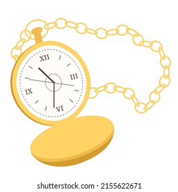 Ilustración vectorial de reloj de bolsillo en un estilo plano. Reloj de oro en una cadena de estilo vintage. Icono de diseño y aplicaciones. Vector aislado en fondo blanco