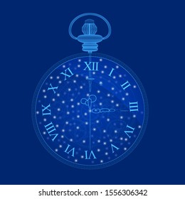 A pocket watch wireframe made of blue lines on a dark background with luminous lights. Vector illustration