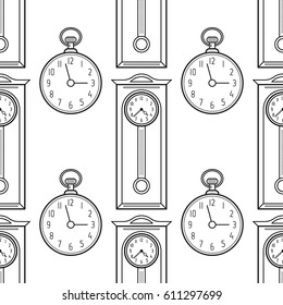 Pocket watches and grandfather clock, flat linear objects. Black and white seamless pattern for coloring book, page.