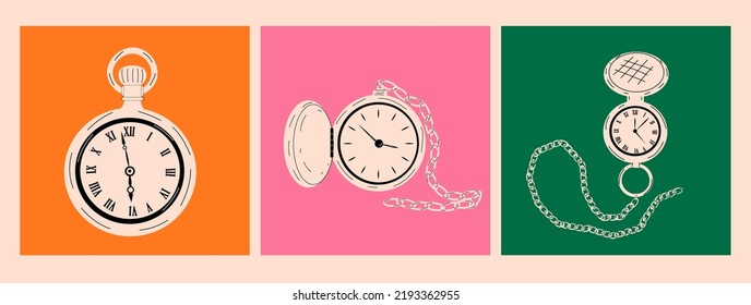 Pocket watches. Set of three square Patterns. Hand drawn trendy Vector illustration.Poster, print template. Isolated on dark background