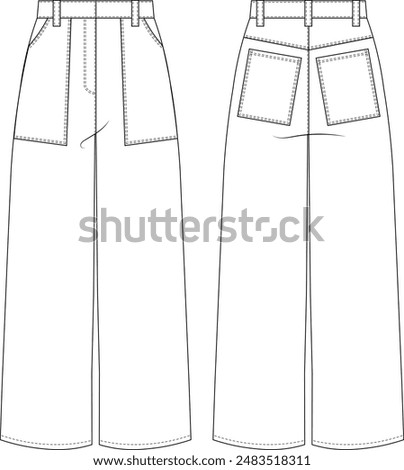 with pocket wide leg sailor mid rise mid waist jean denim pant trouser template technical drawing flat sketch cad mockup fashion woman design style model 