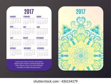 Pocket yoga Calendar 2017. Mandala indian design vector template