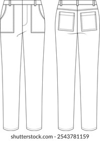 with pockets mid rise mid waist tapered straight denim jean pant trouser template technical drawing flat sketch cad mockup fashion man design style model 