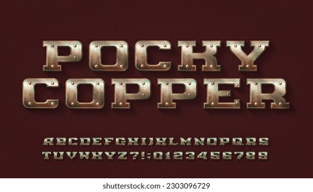 Pocky Copper alphabet font. Letters and numbers with rivets in steampunk style. Stock vector typescript for your design.