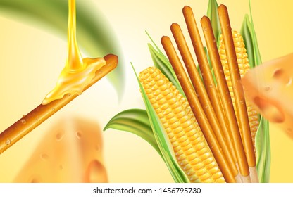 Pocky with corn and green leaf snack ads, isolated on white background. Realistic vector in 3d illustration.