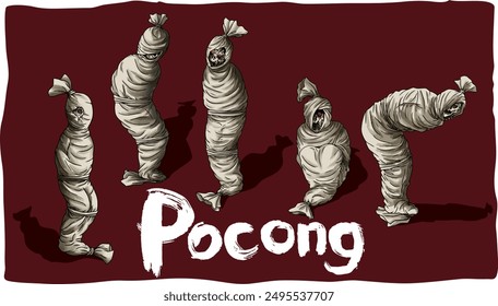 The Pocong, in Malay folklore, is a ghost of a deceased person wrapped in a burial shroud. Believed to jump or float due to its bound limbs, it haunts the living, seeking release from its bindings.