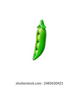 Pod of green pea with grains 3D plastic style icon. Glossy ripe vegetable, vegetarian ingredient. Natural organic peapod plant food, healthy sweet snack. Vector illustration isolated. Farm game asset