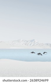 A pod of killer whales swims in the middle of the sea in winter with mountain ranges in the distance have dusk sky background graphic illustration.